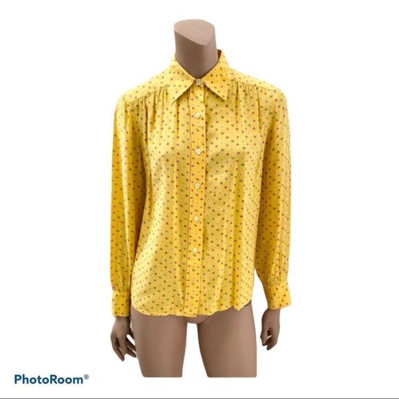 Celine Paris Vintage Yellow Silk Floral Blouse M - Picture 1 of 11